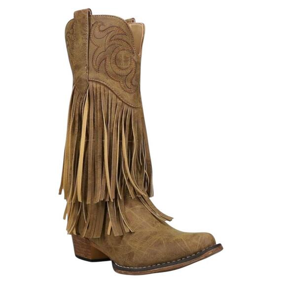 ROPER Womens Brown/Tan Rickrack Snip Toe Mid Calf Fringe Western Cowboy Boots - Picture 1 of 16